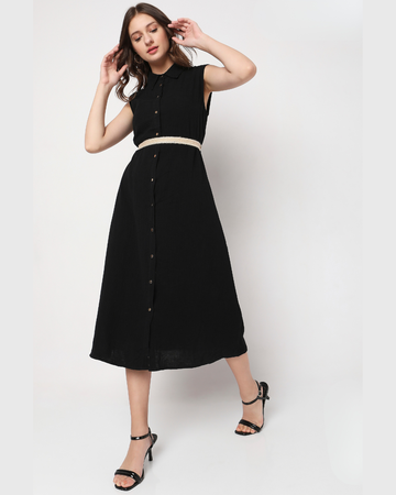 Sleeveless Shirt Collar Midi Dress