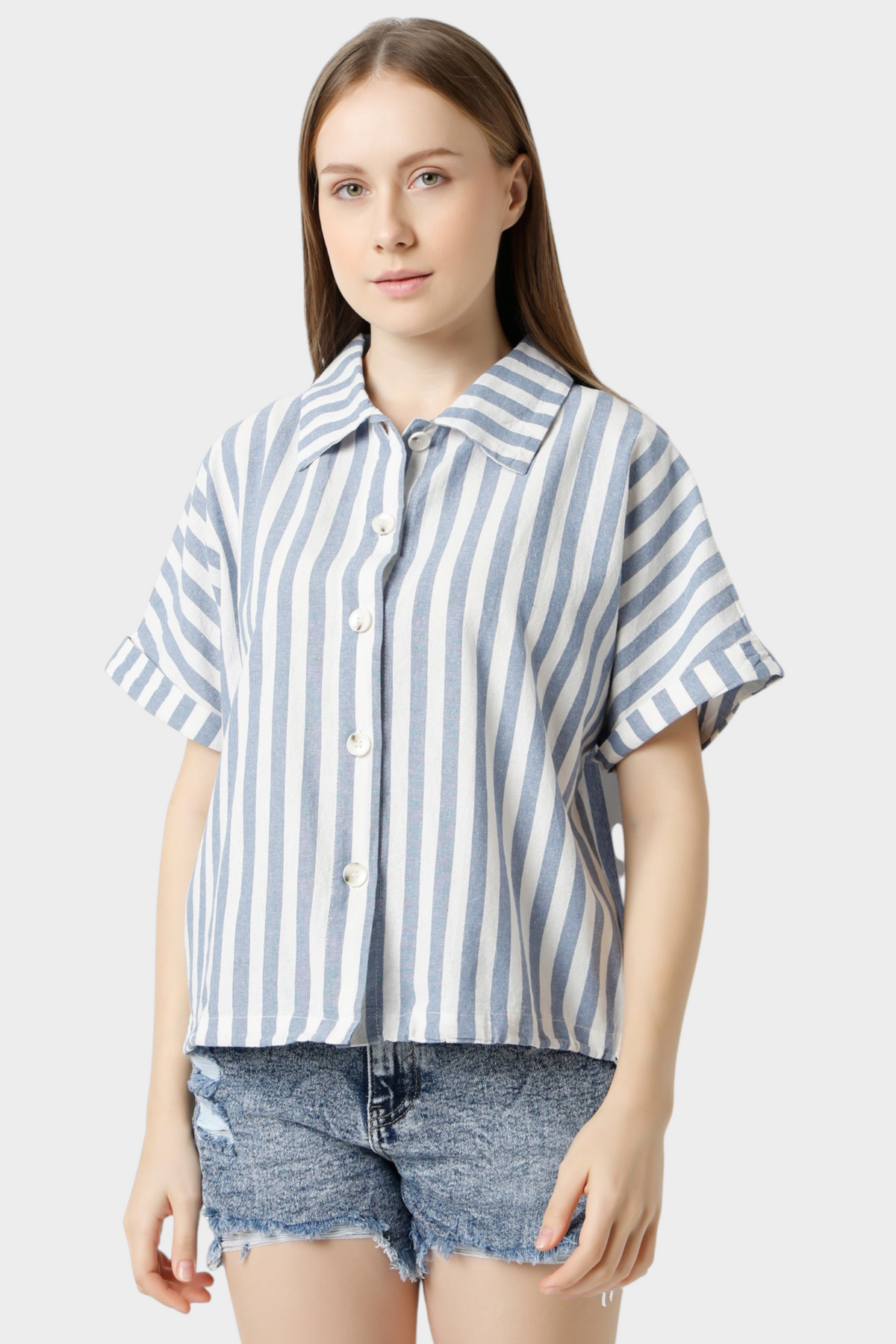 Striped Boxy Shirt with Folded Sleeves