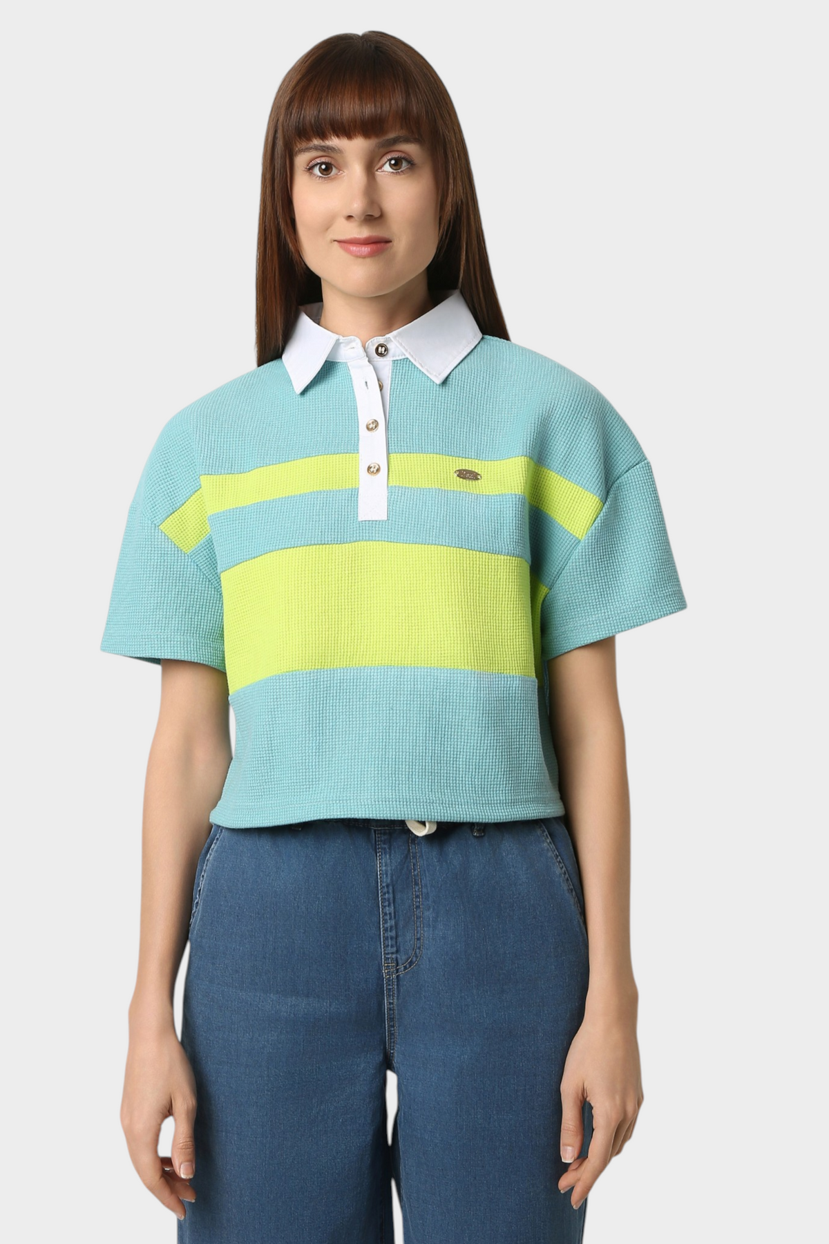 Turquoise and Neon Yellow Colorblock Polo Crop Top