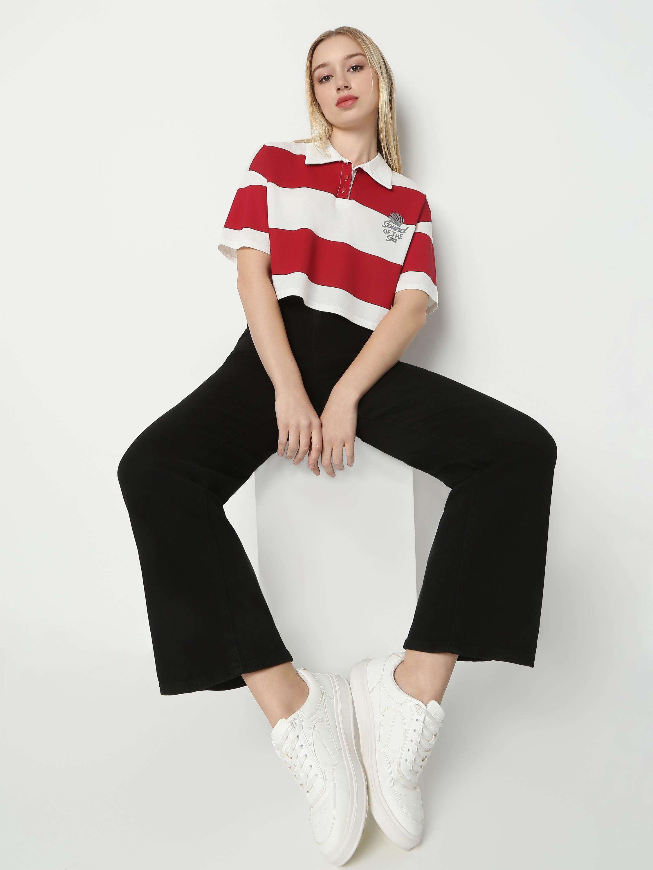Striped Cropped Polo Shirt