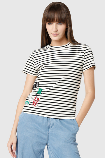 Mustard Striped T-Shirt with Multi Patch Badge Detailing