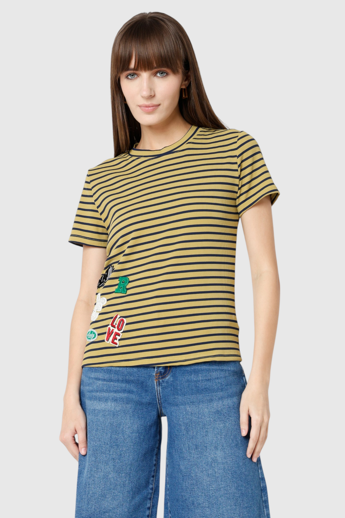 Mustard Striped T-Shirt with Multi Patch Badge Detailing