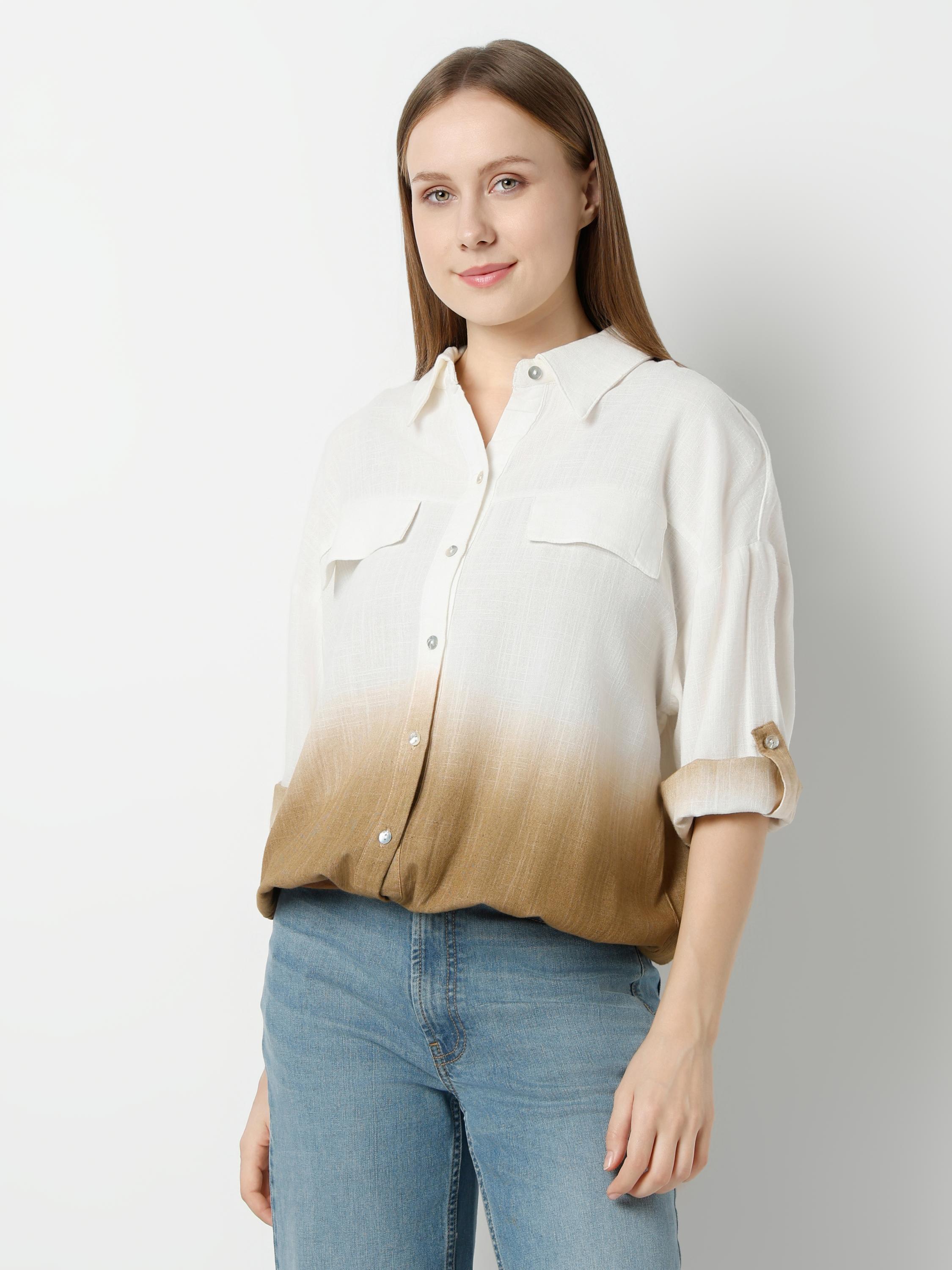 Ombre Button-Up Crop Shirt with Relaxed Fit