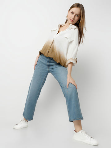 Ombre Button-Up Crop Shirt with Relaxed Fit