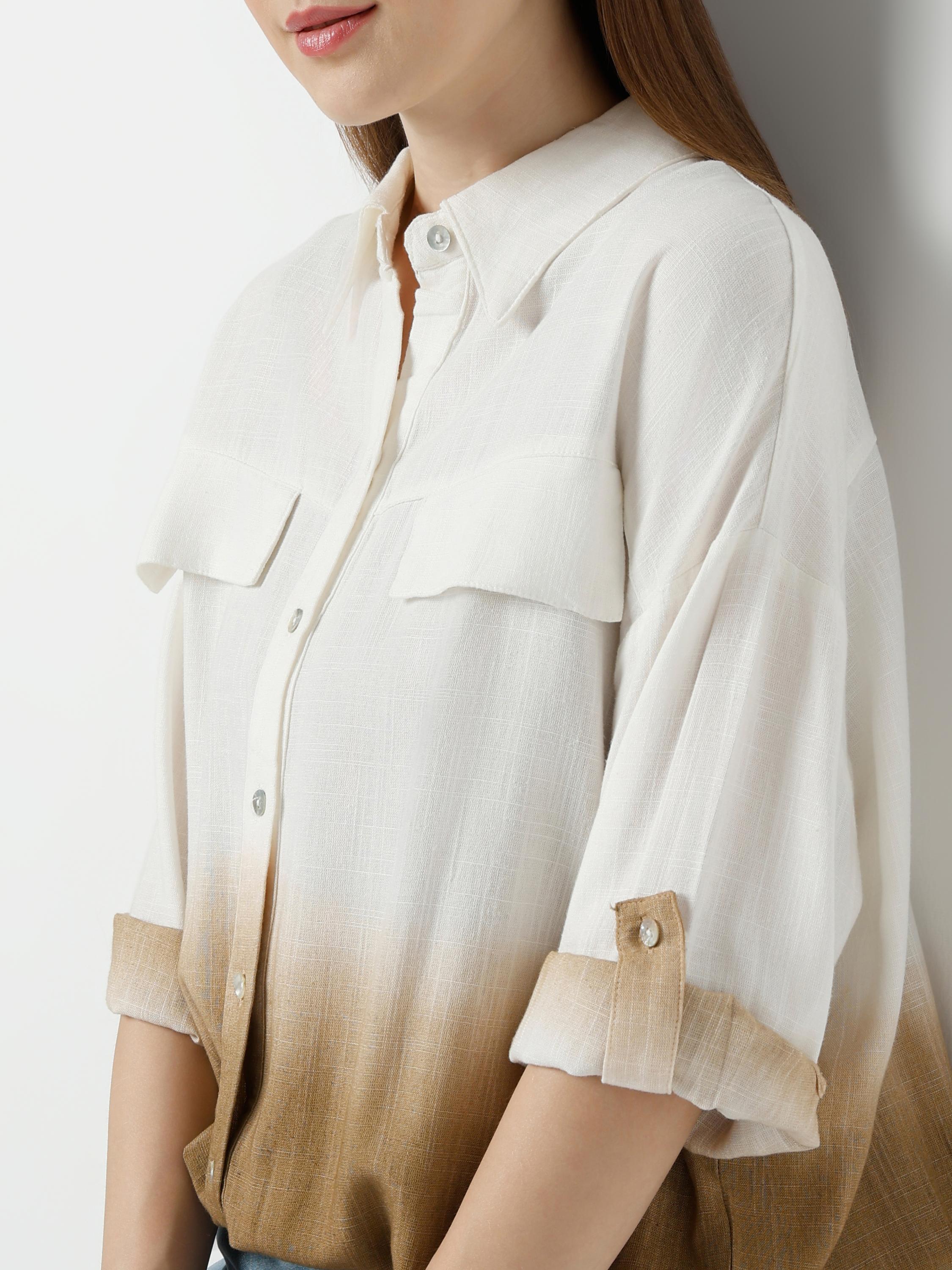 Ombre Button-Up Crop Shirt with Relaxed Fit