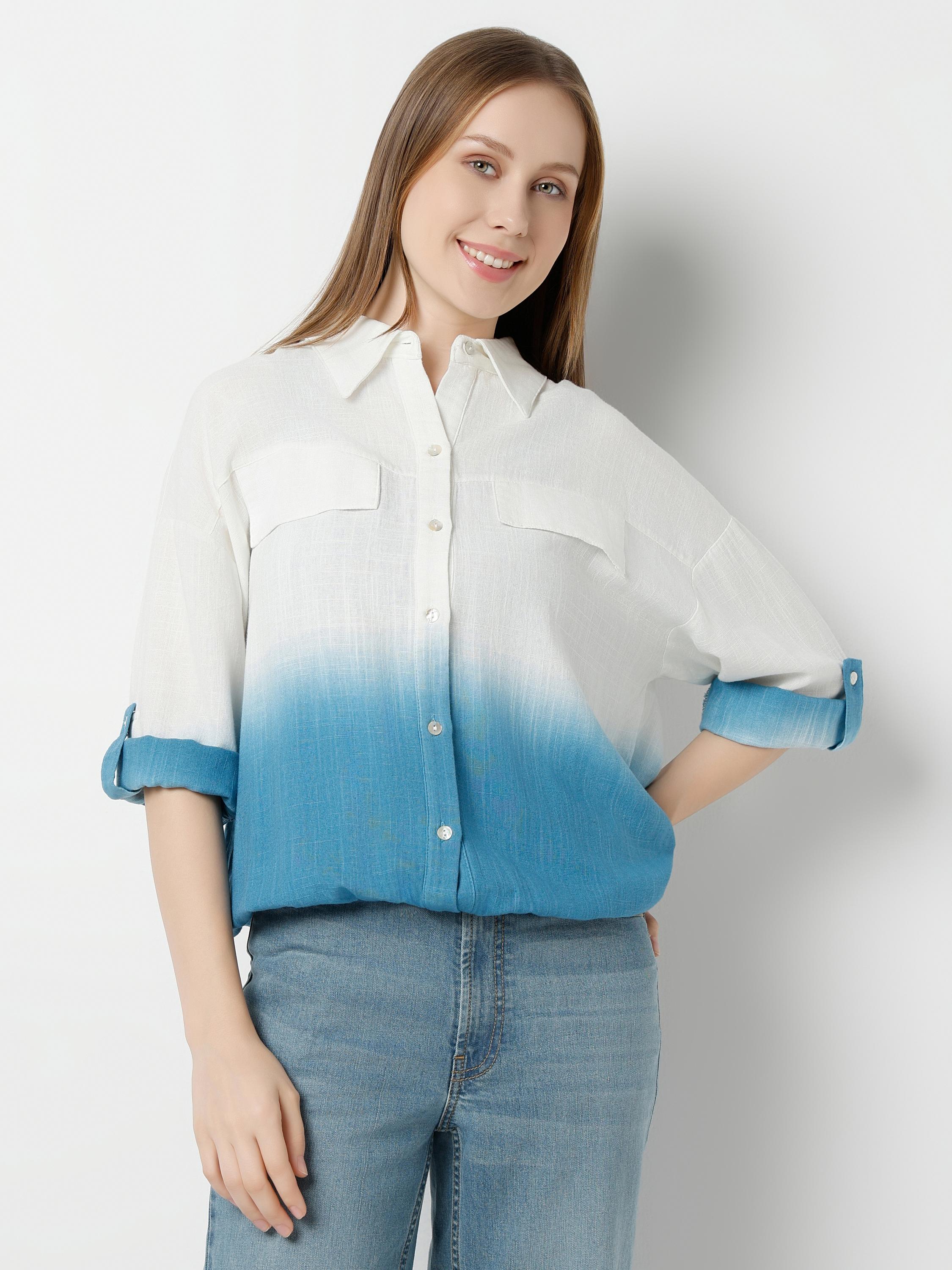 Ombre Button-Up Crop Shirt with Relaxed Fit