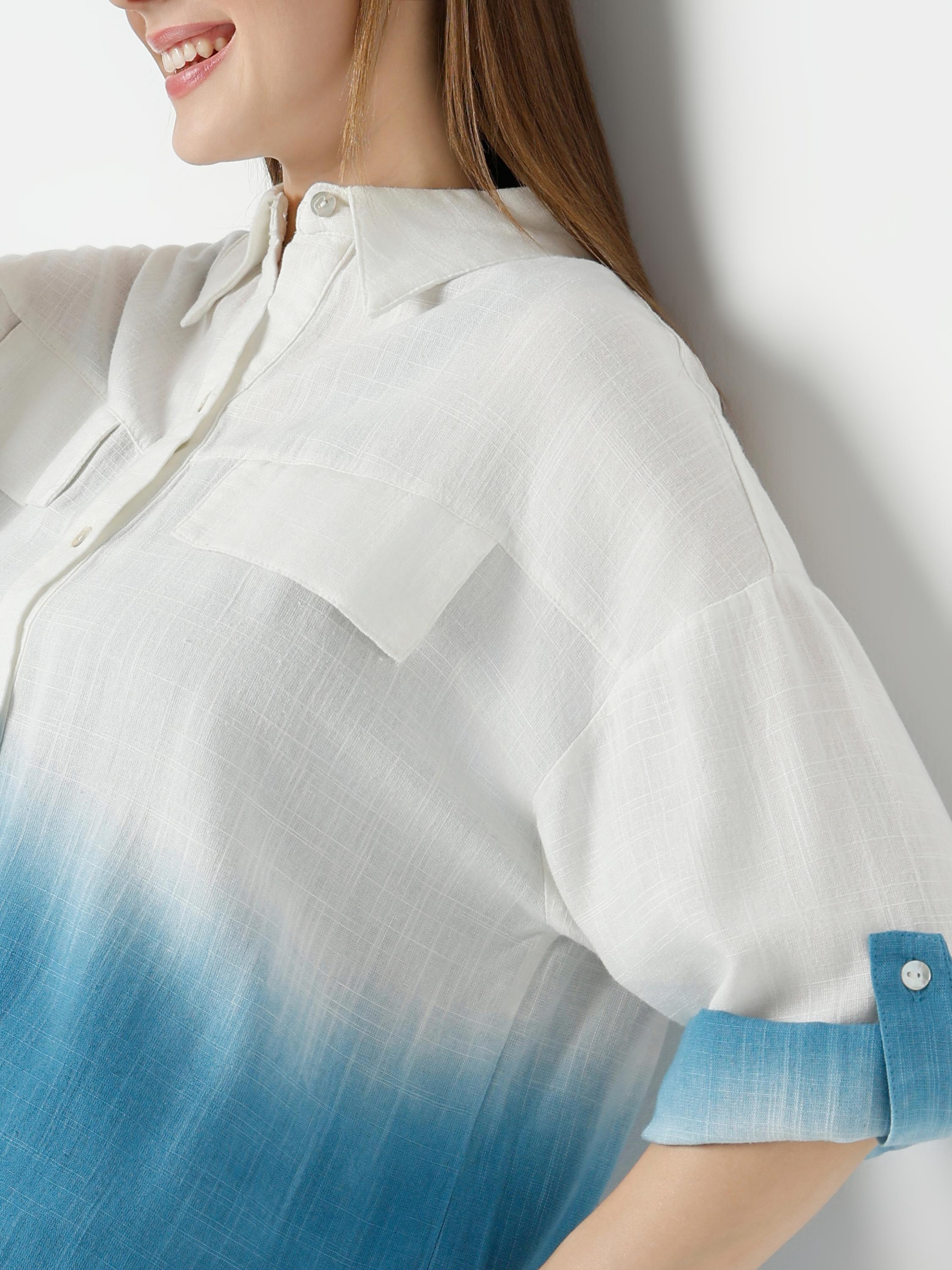 Ombre Button-Up Crop Shirt with Relaxed Fit