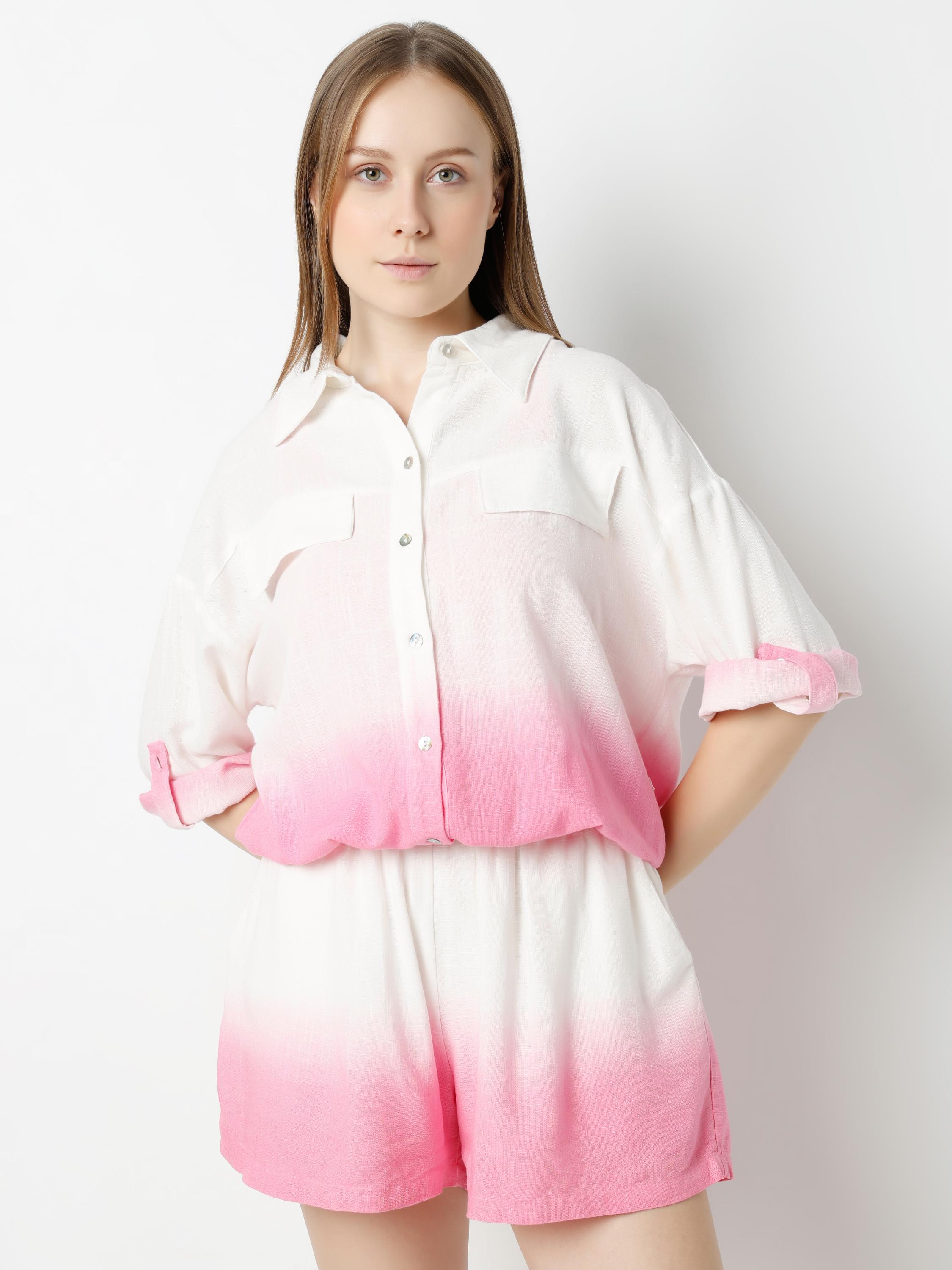 Ombre Button-Up Crop Shirt with Relaxed Fit