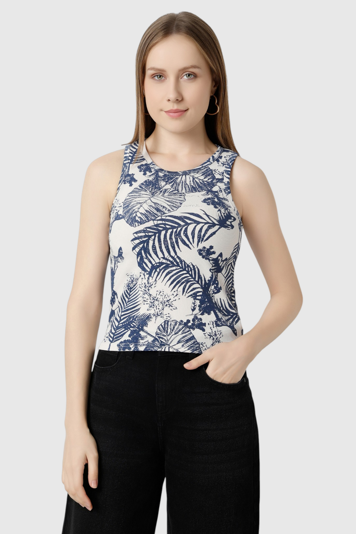 Tropical Leaf Print Ribbed Tank Top