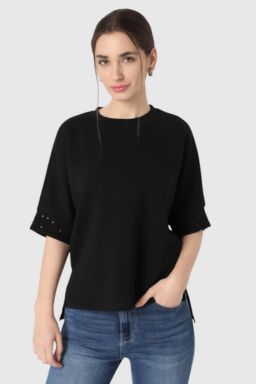 Oversized T-Shirt with Embellished Sleeve Cuffs