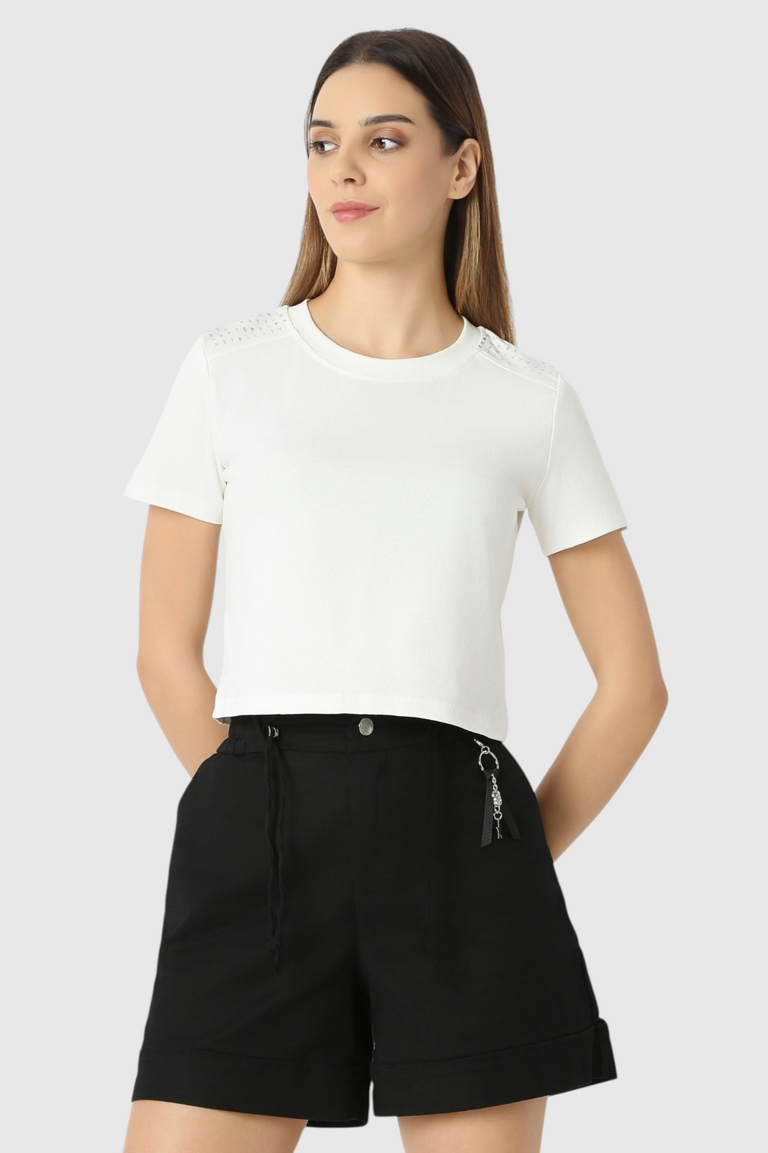 Crop Top with Rhinestone Shoulder Detail