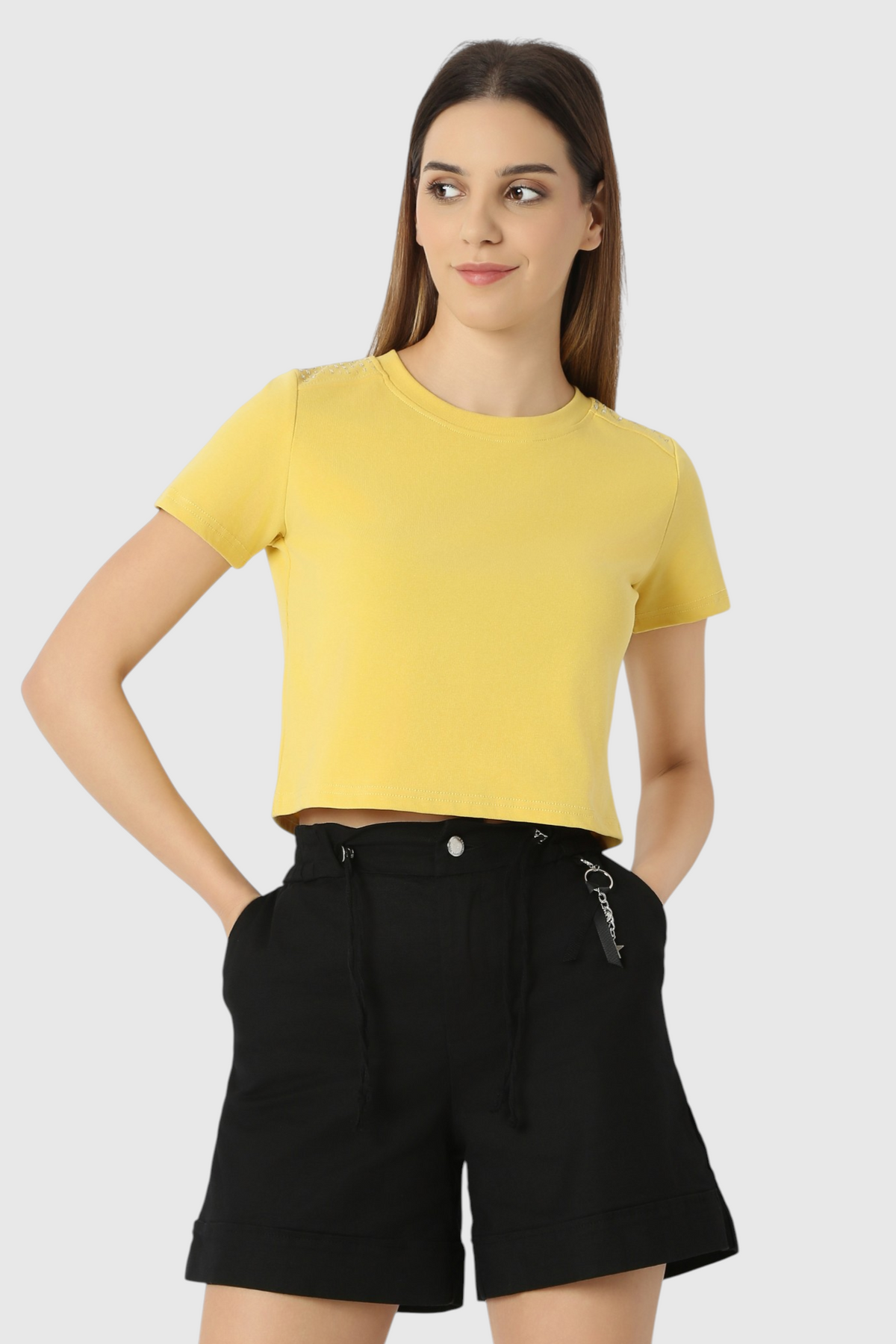 Crop Top with Rhinestone Shoulder Detail