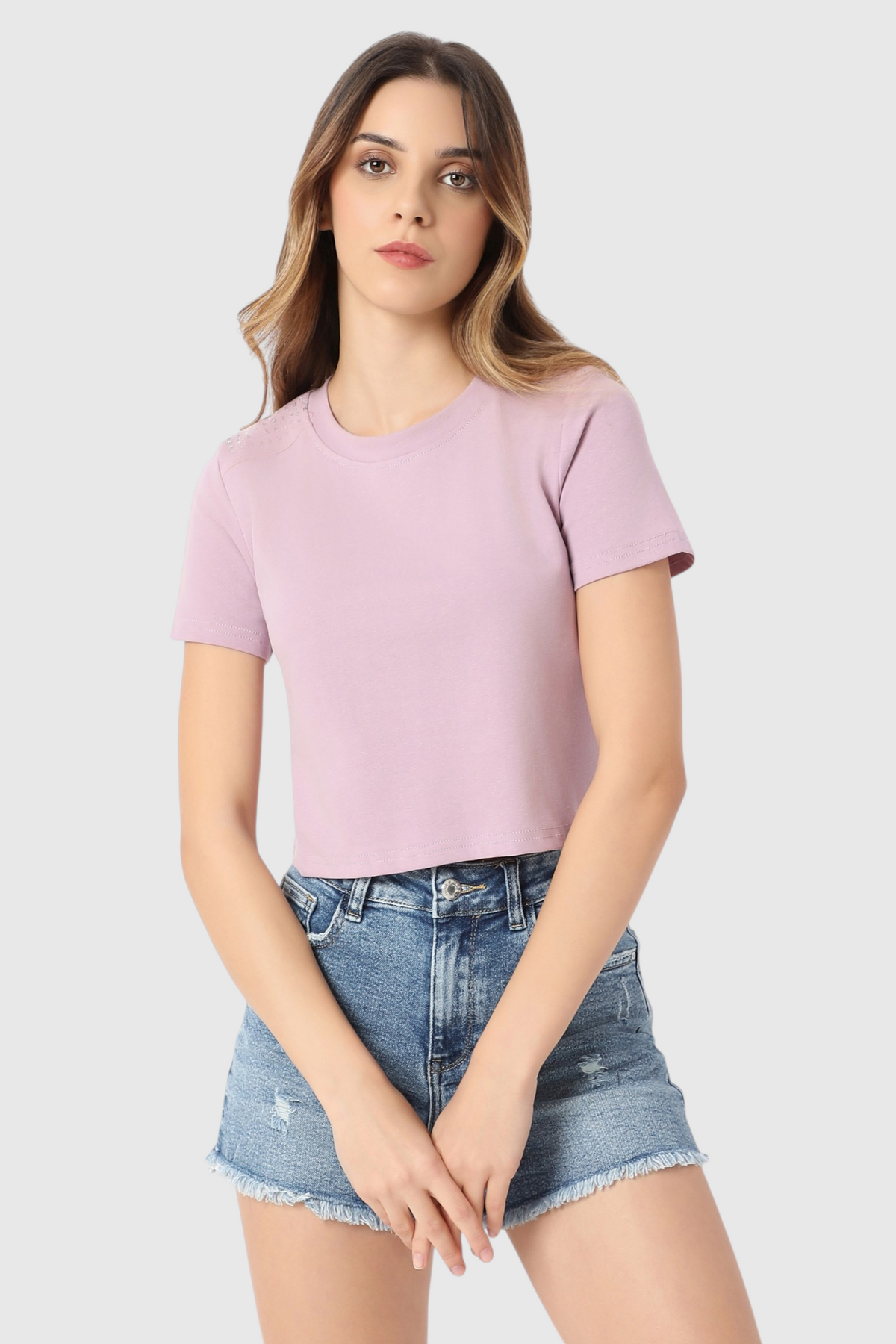 Crop Top with Rhinestone Shoulder Detail