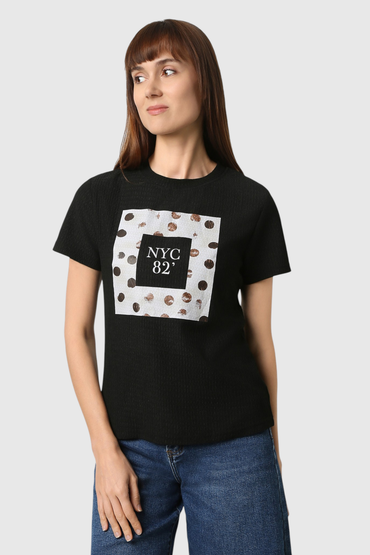 Black Textured T-Shirt with "NYC 82" Polka Dot Graphic