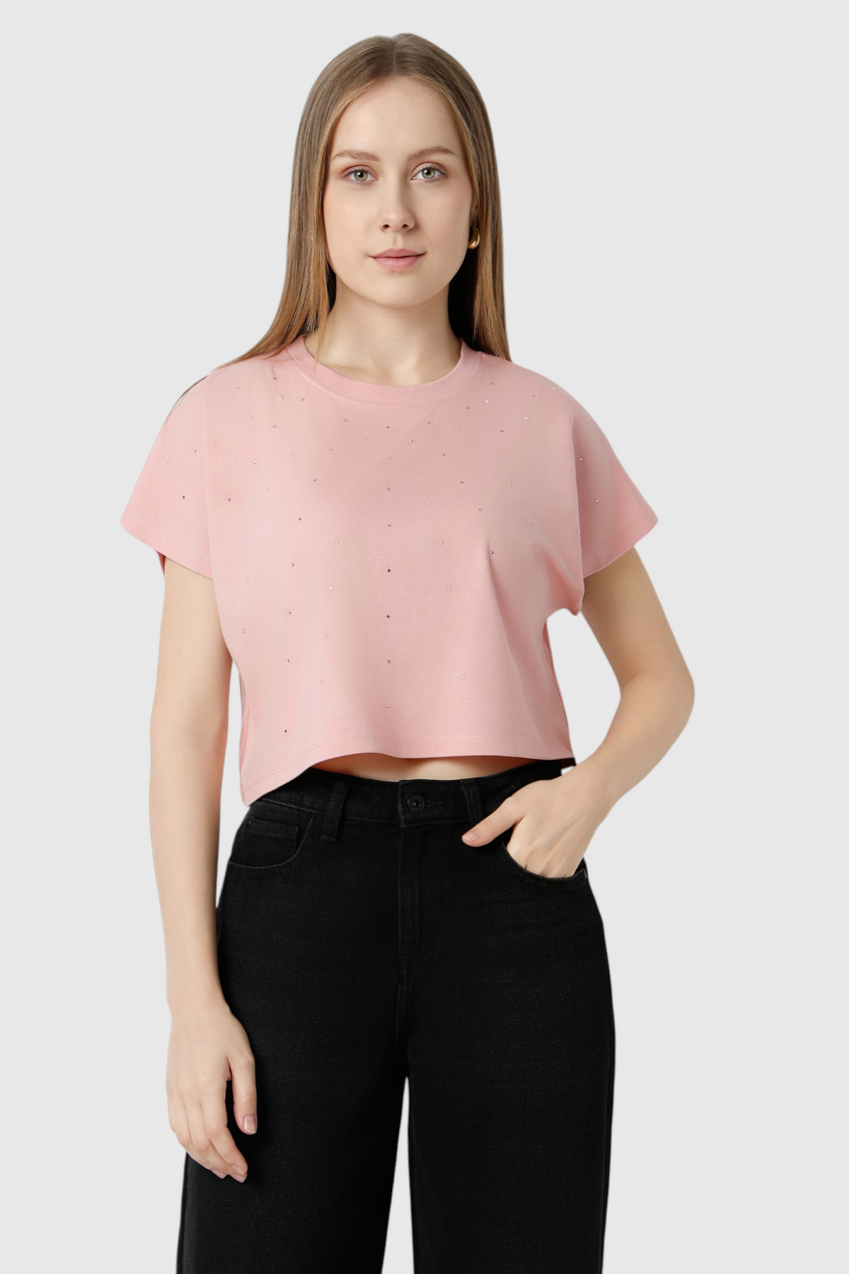 Peach Pink Scattered Rhinestone Boxy Crop Top