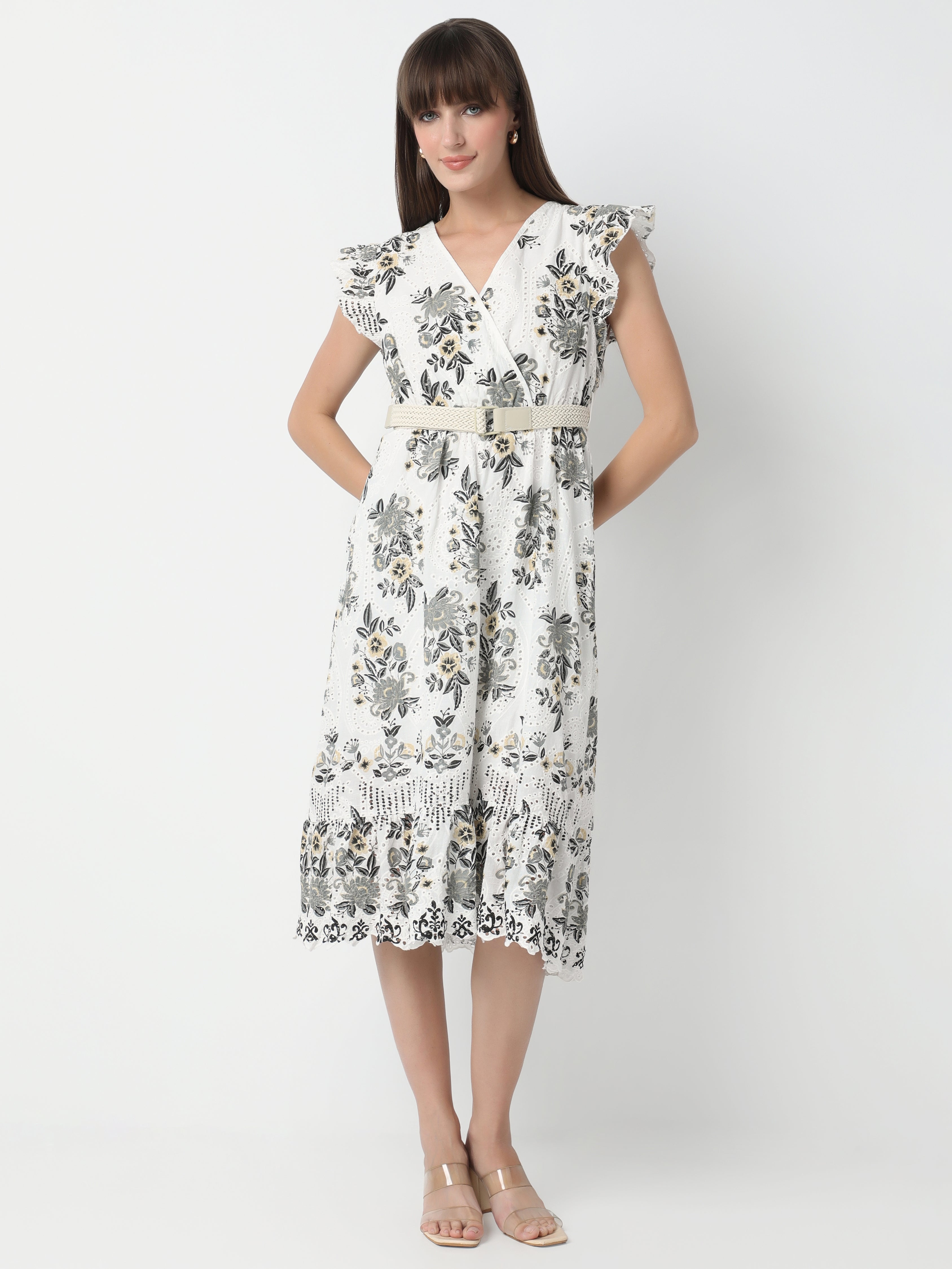 Floral Wrap Dress with Feminine Ruffle Sleeves