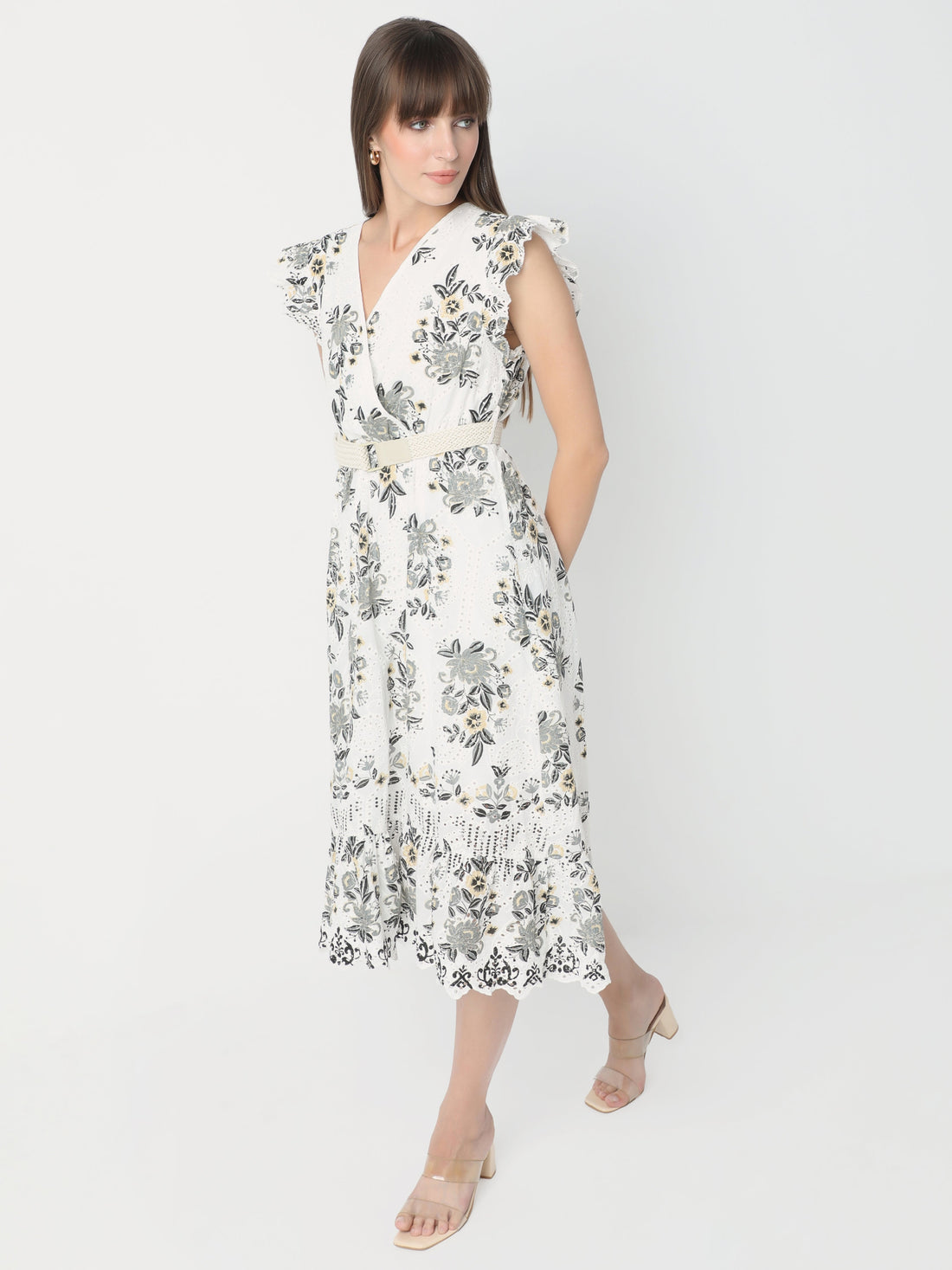 Floral Wrap Dress with Feminine Ruffle Sleeves