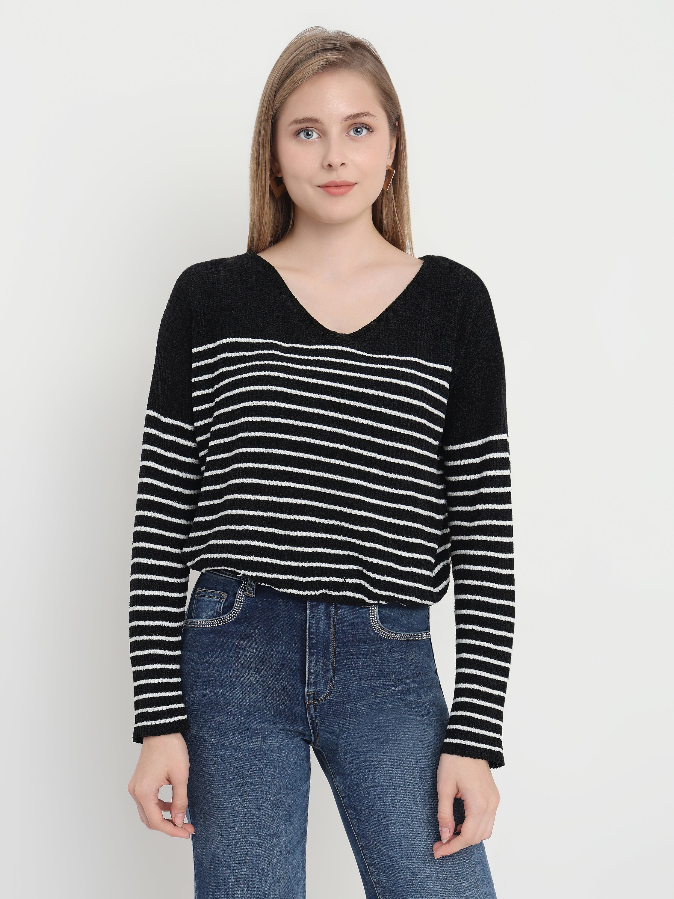 Striped V-Neck Knit Top