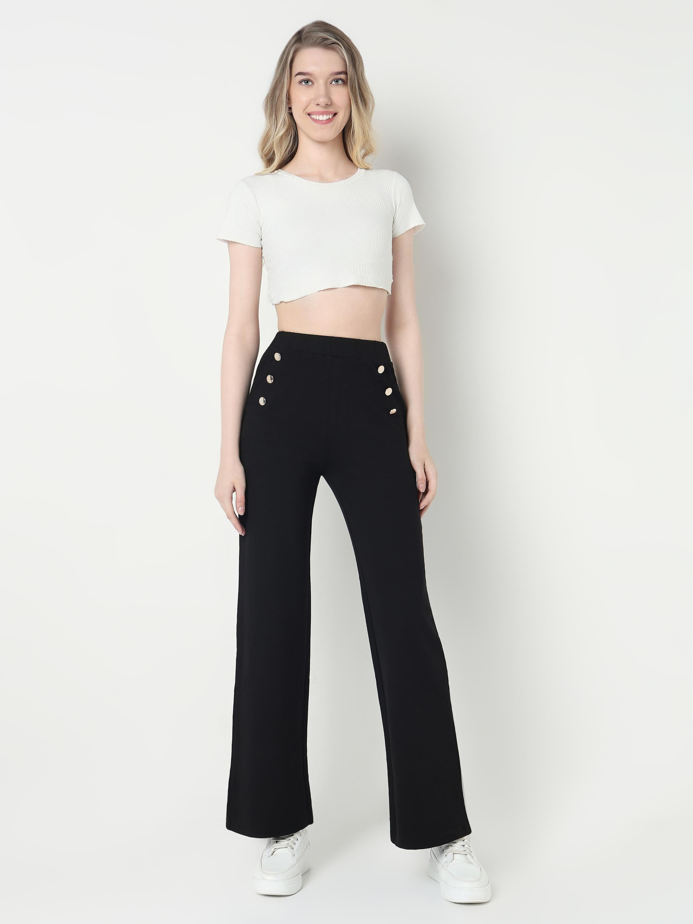 High-Waist Wide-Leg Pants with Button Detail
