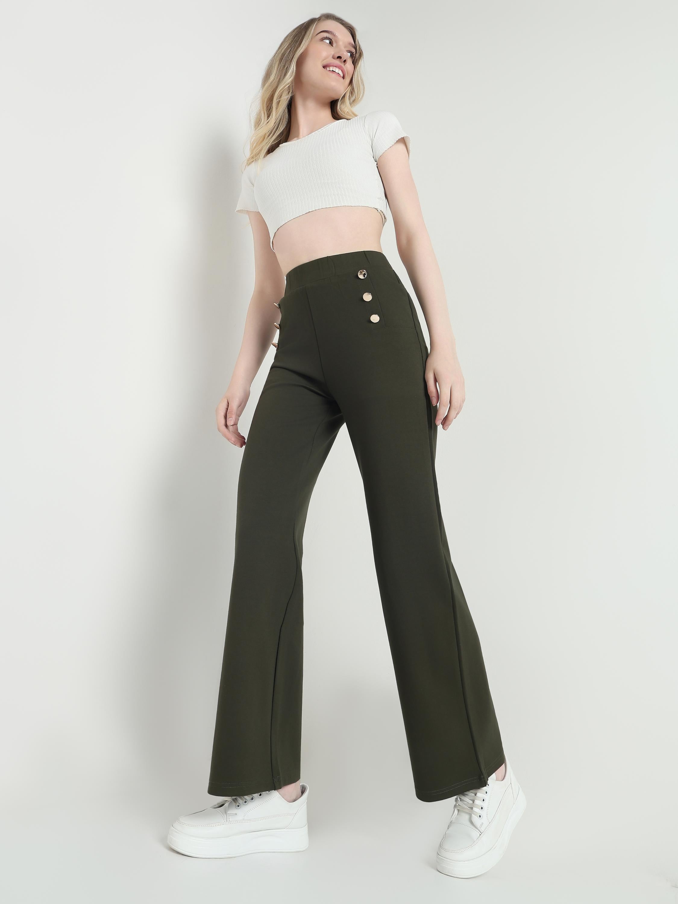 High-Waist Wide-Leg Pants with Button Detail