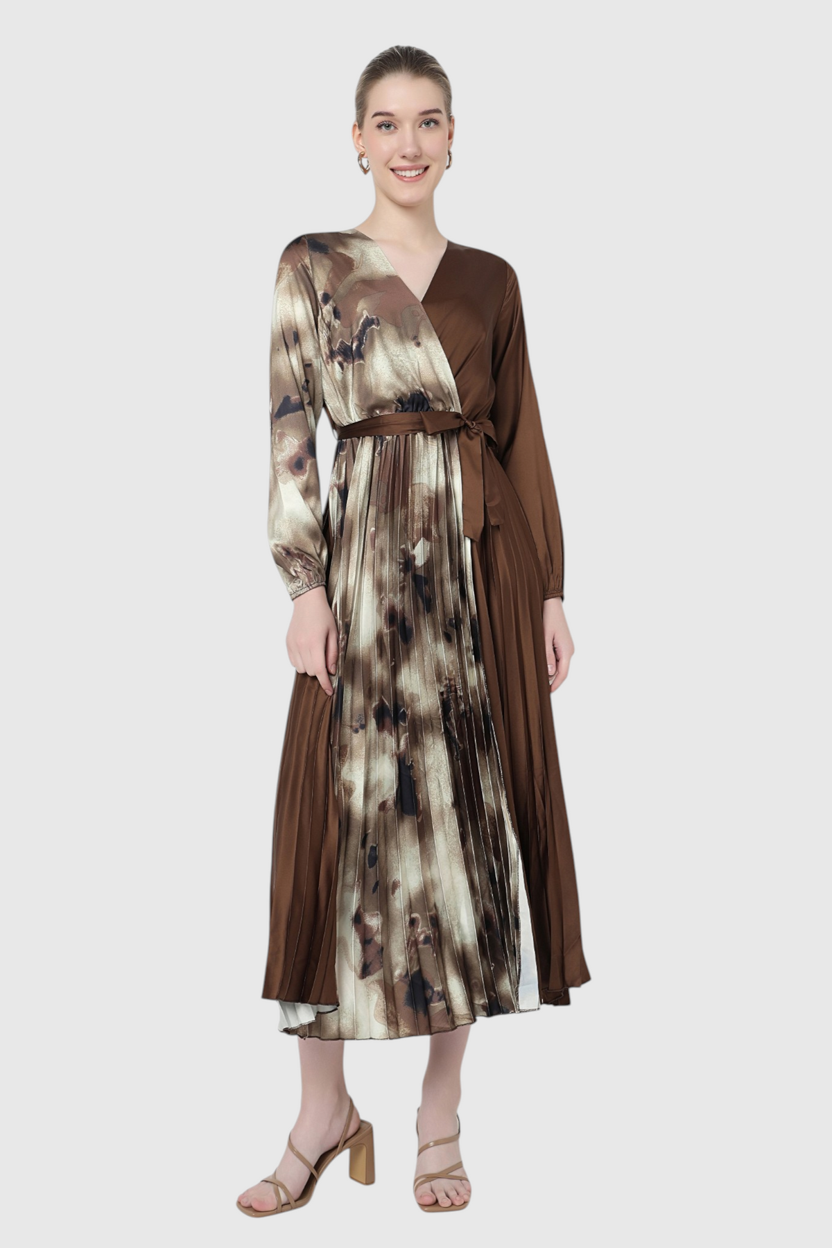 Two-Tone Pleated Wrap Midi Dress