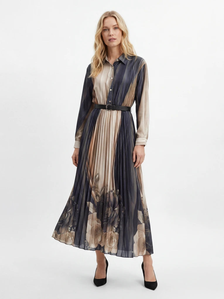 Printed Long Sleeve Pleated Maxi Shirt Dress