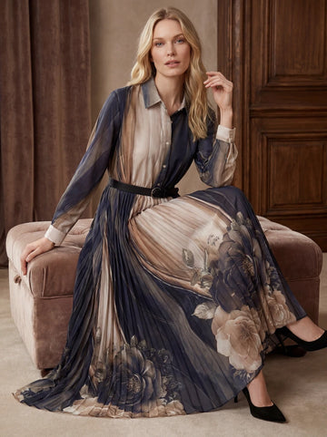Printed Long Sleeve Pleated Maxi Shirt Dress