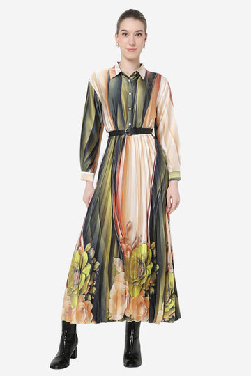 Olive Abstract Print Pleated Maxi Shirt Dress with Belt