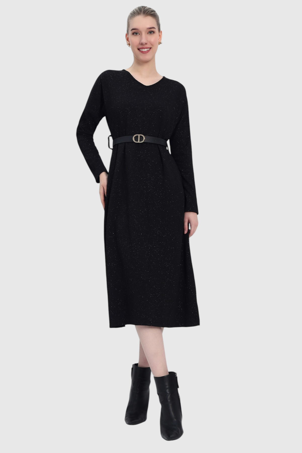 Glitter Knit Midi Dress with Belt