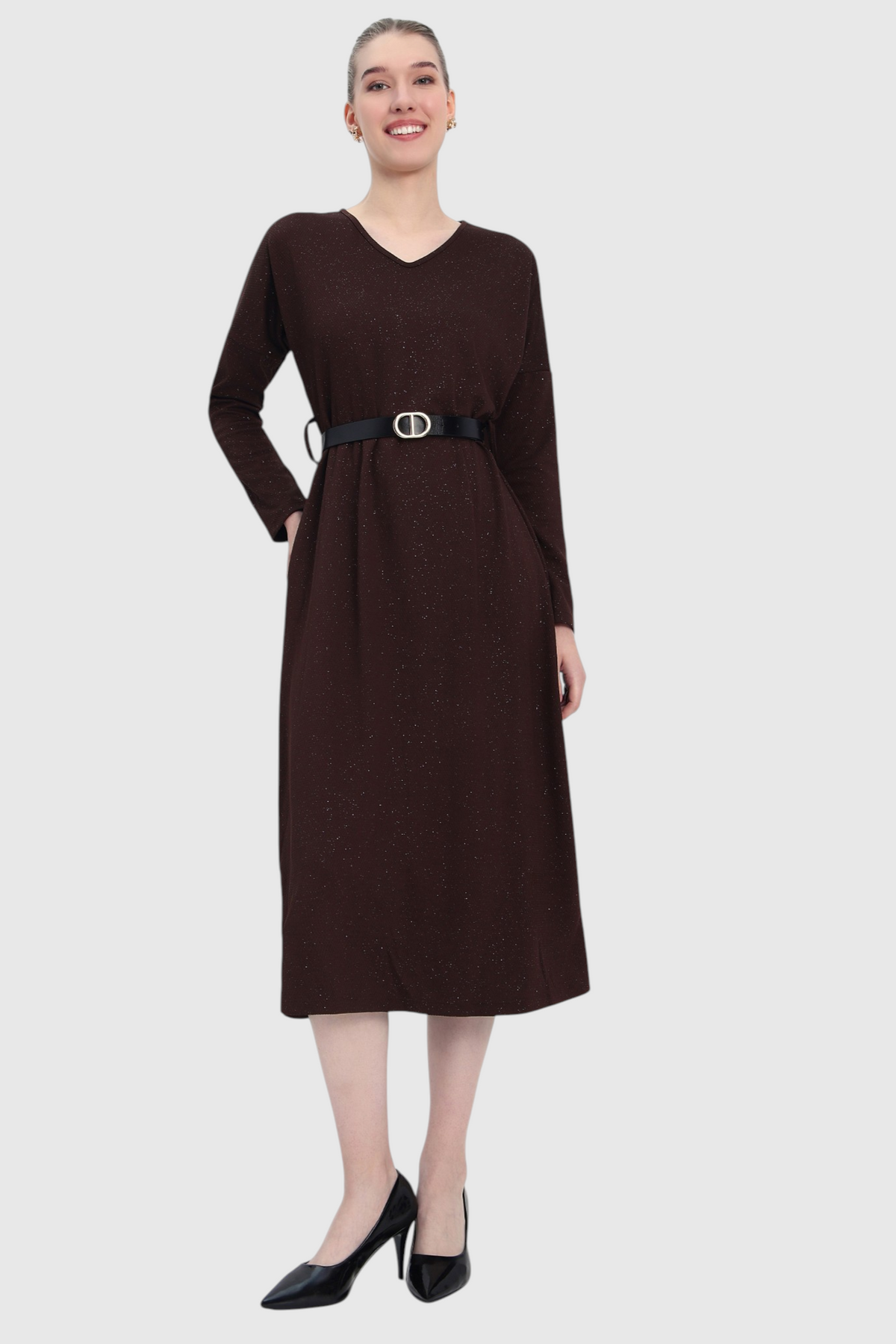 Glitter Knit Midi Dress with Belt