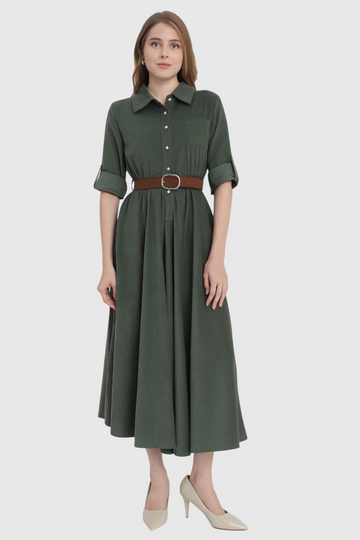 Corduroy Belted Shirt Dress with Roll-Up Sleeves