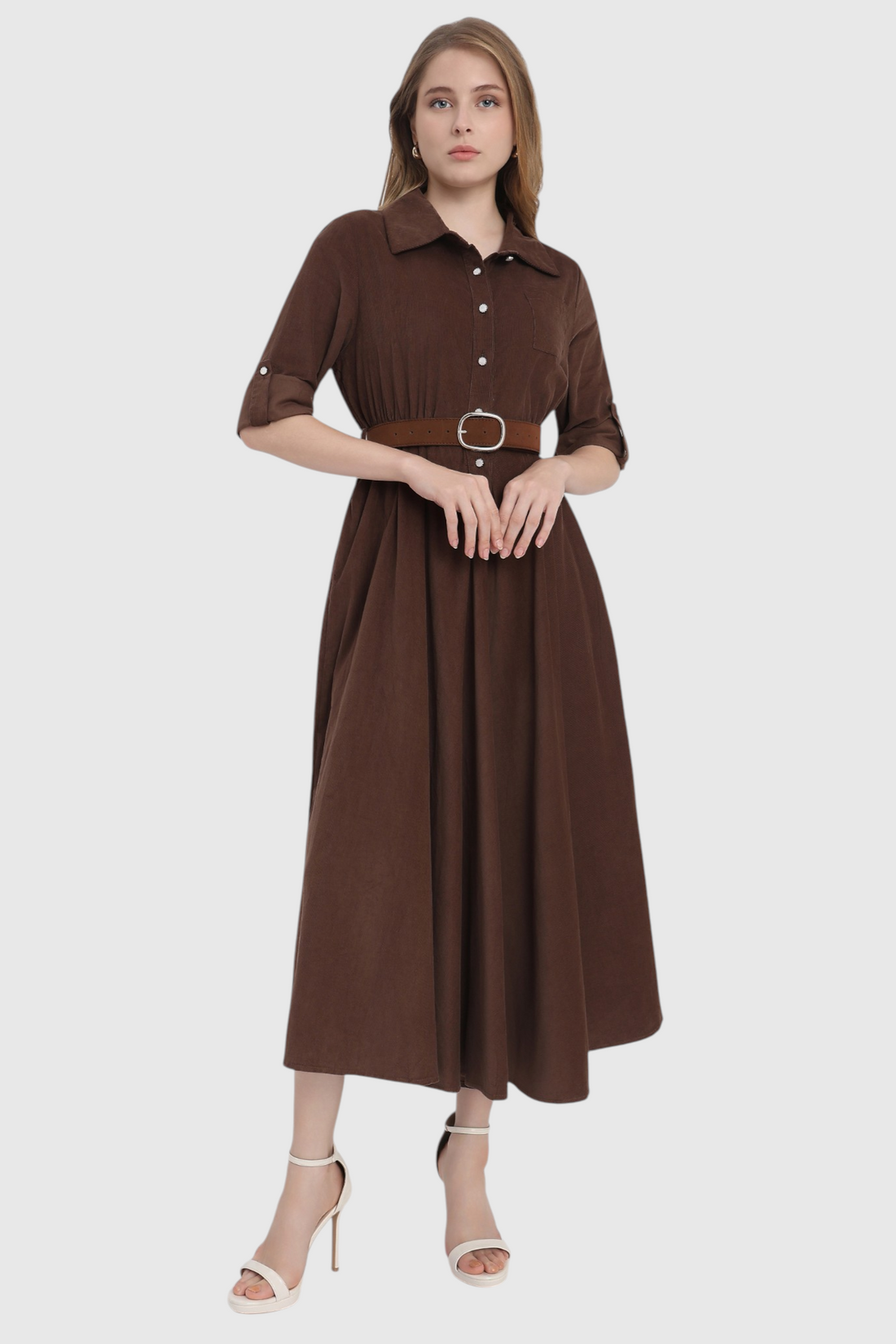 Corduroy Belted Shirt Dress with Roll-Up Sleeves
