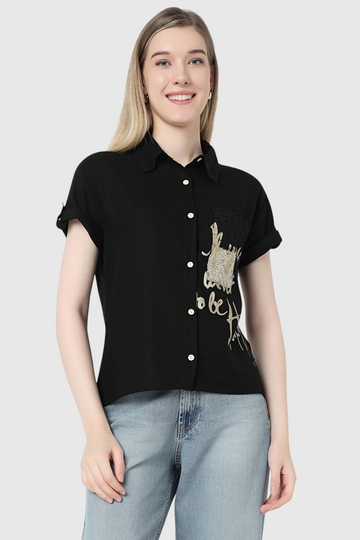 Black Shirt with Gold Script Print and Lace Pocket