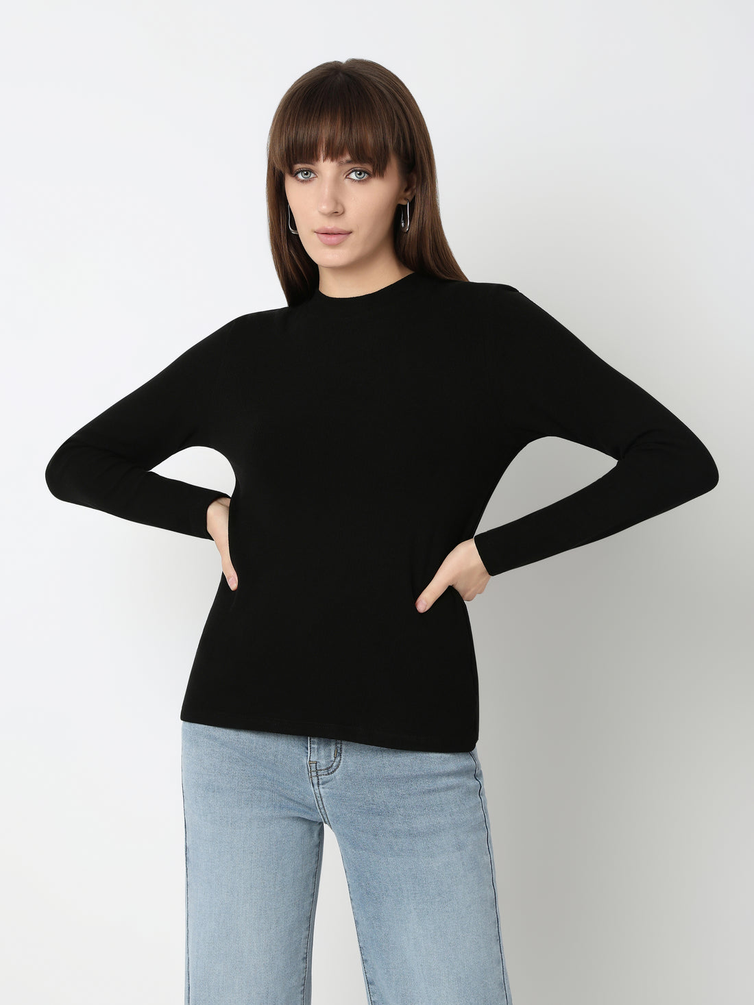 Minimal High Neck Ribbed Long Sleeve Top