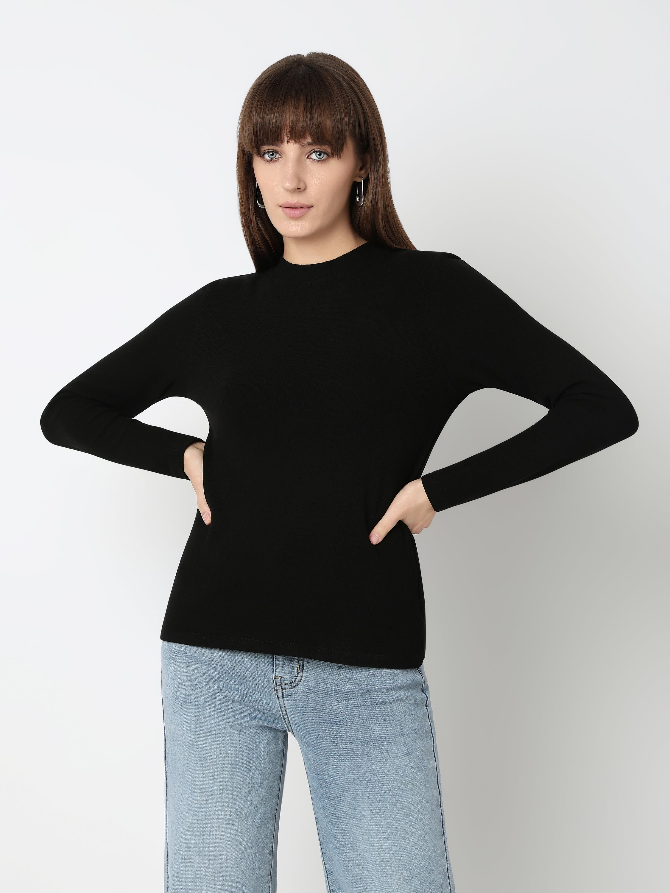 Minimal High Neck Ribbed Long Sleeve Top