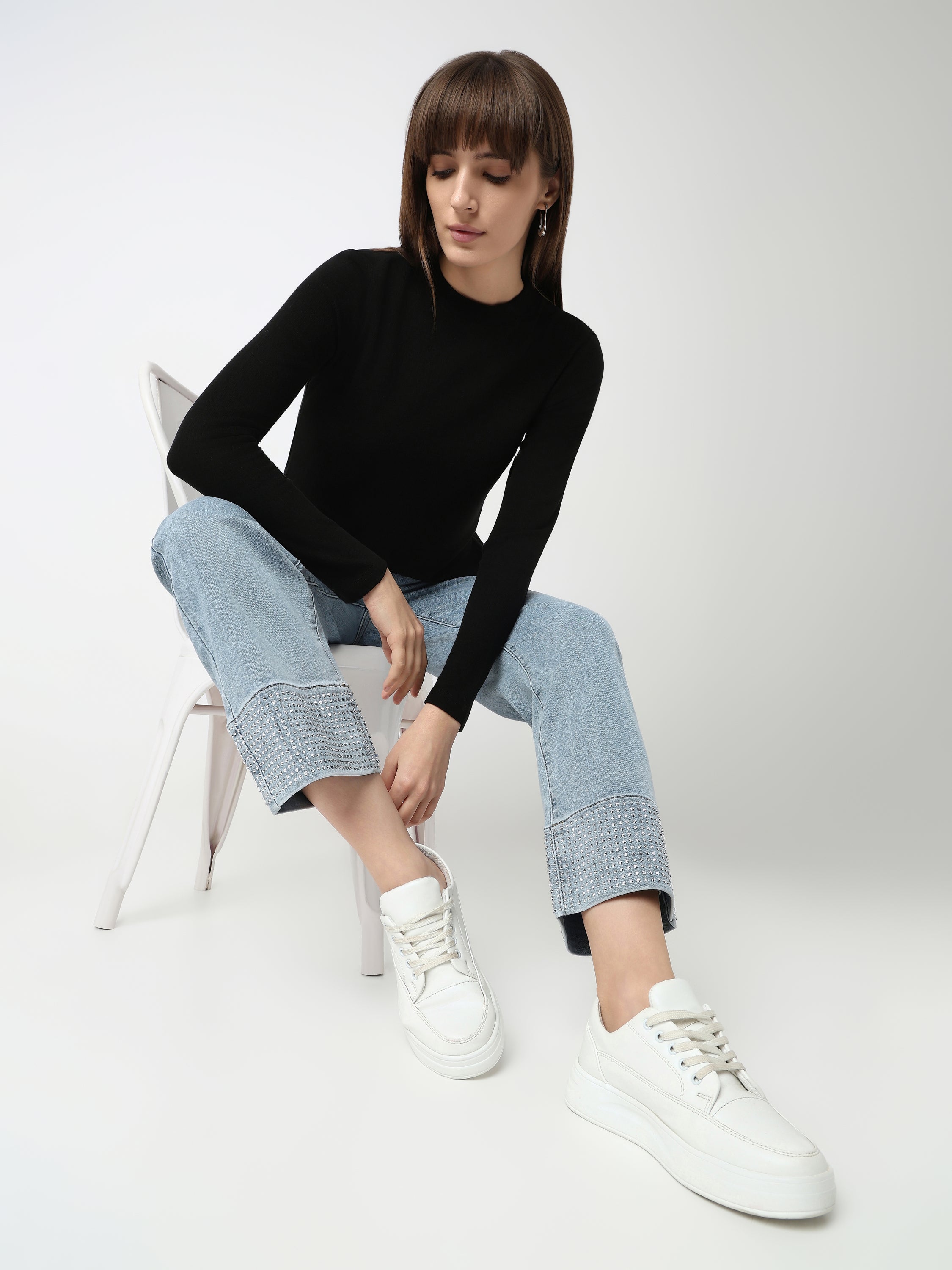 Minimal High Neck Ribbed Long Sleeve Top