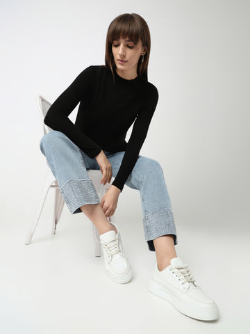 Minimal High Neck Ribbed Long Sleeve Top