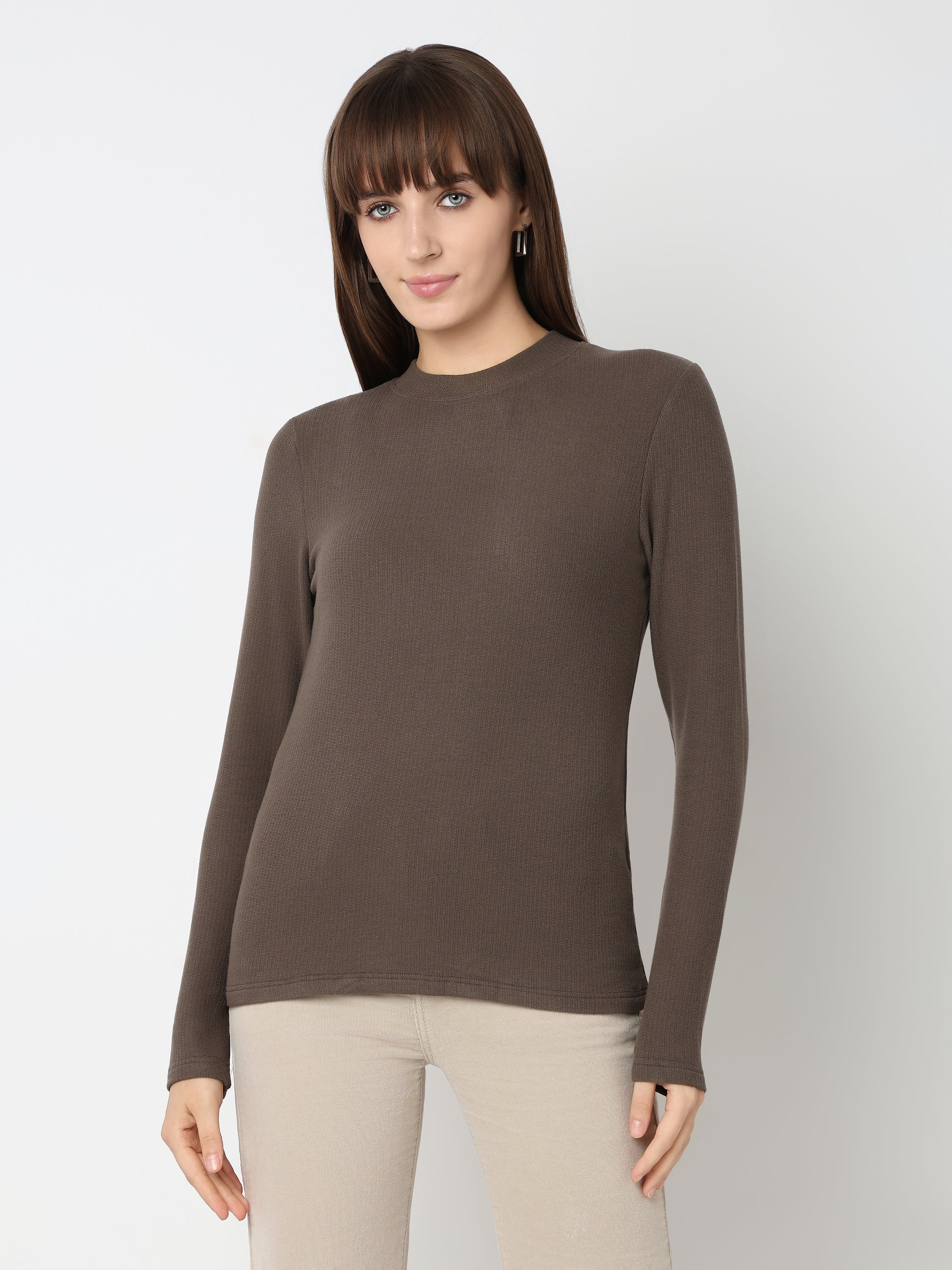 Minimal High Neck Ribbed Long Sleeve Top