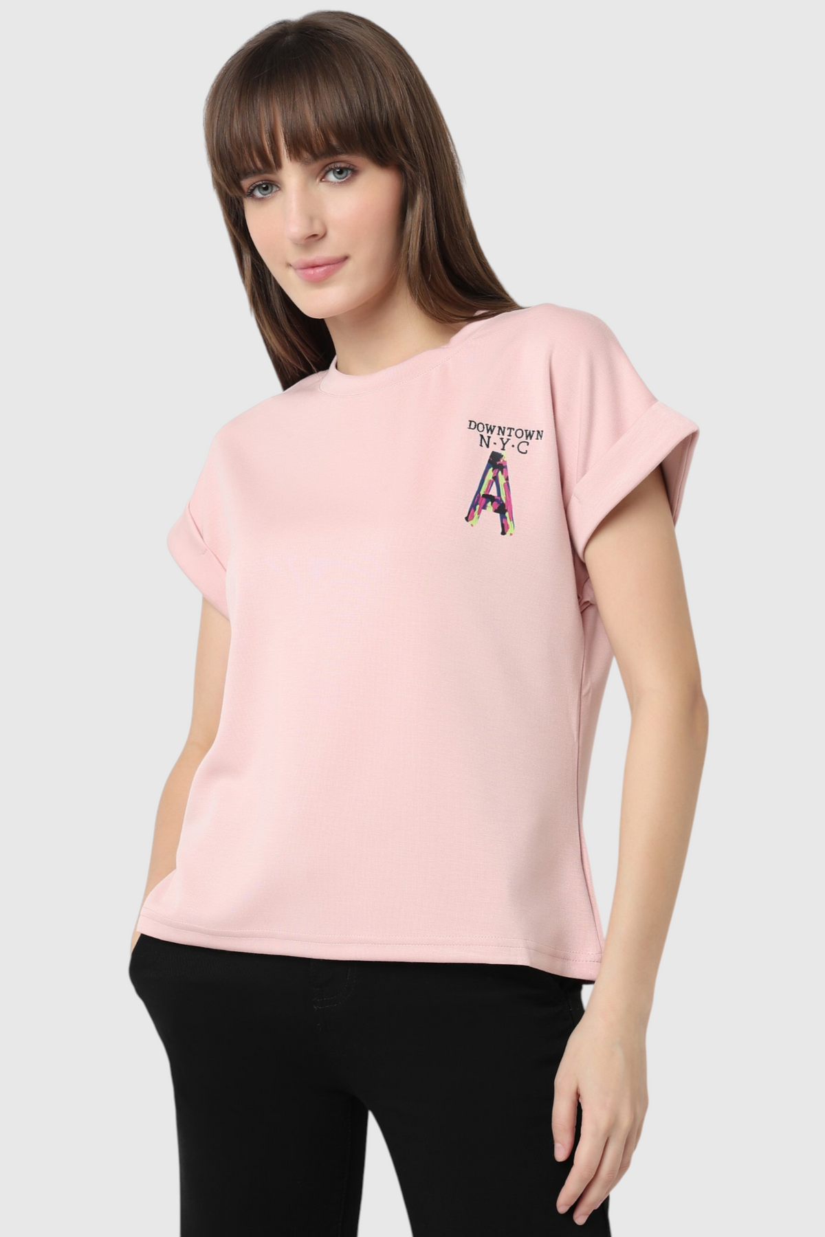 Pink "Downtown NYC" Graphic T-Shirt with Cuffed Sleeves