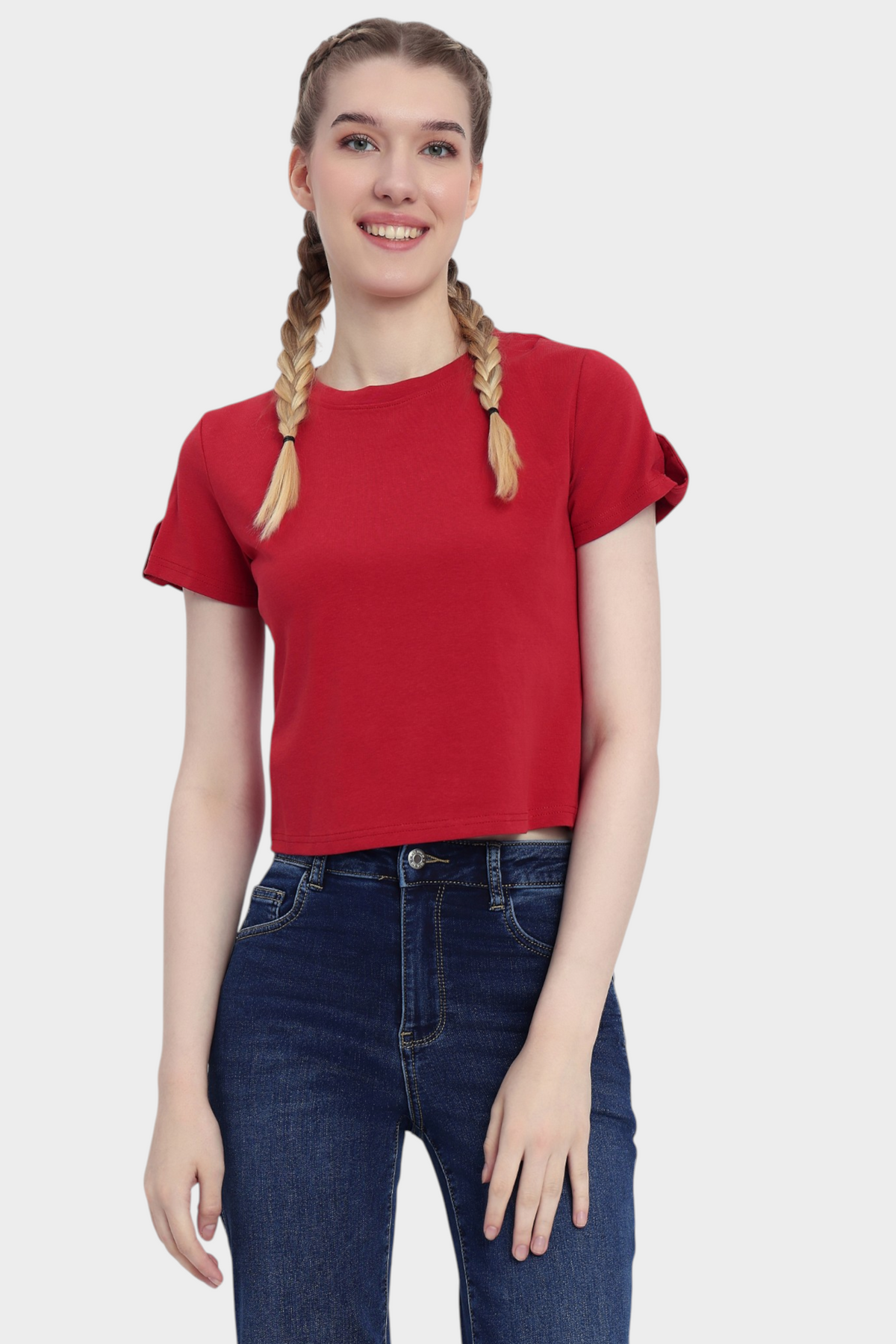 Red Solid Crop Top with Folded Sleeve Detail