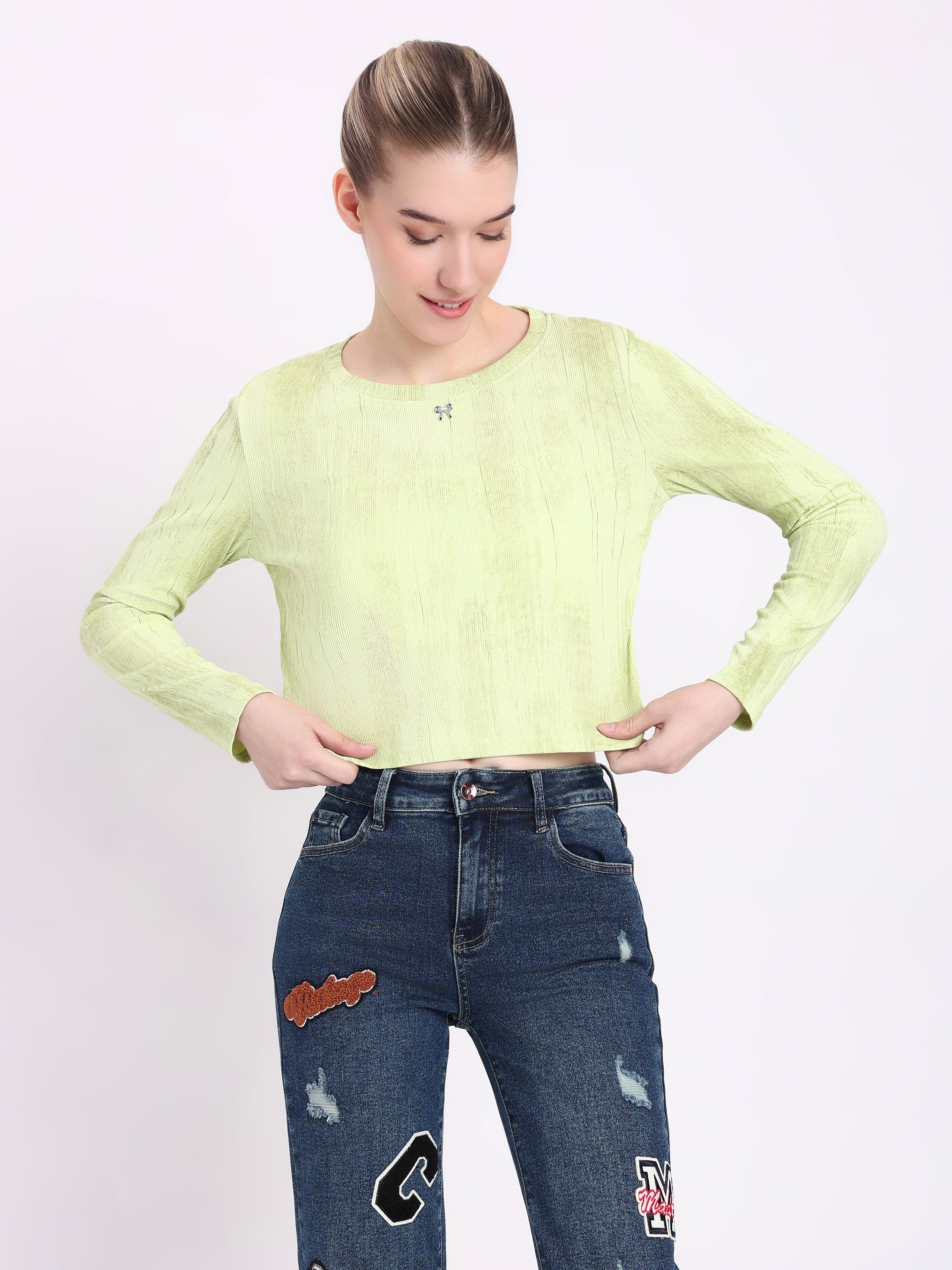 Textured Long Sleeve Crop Top