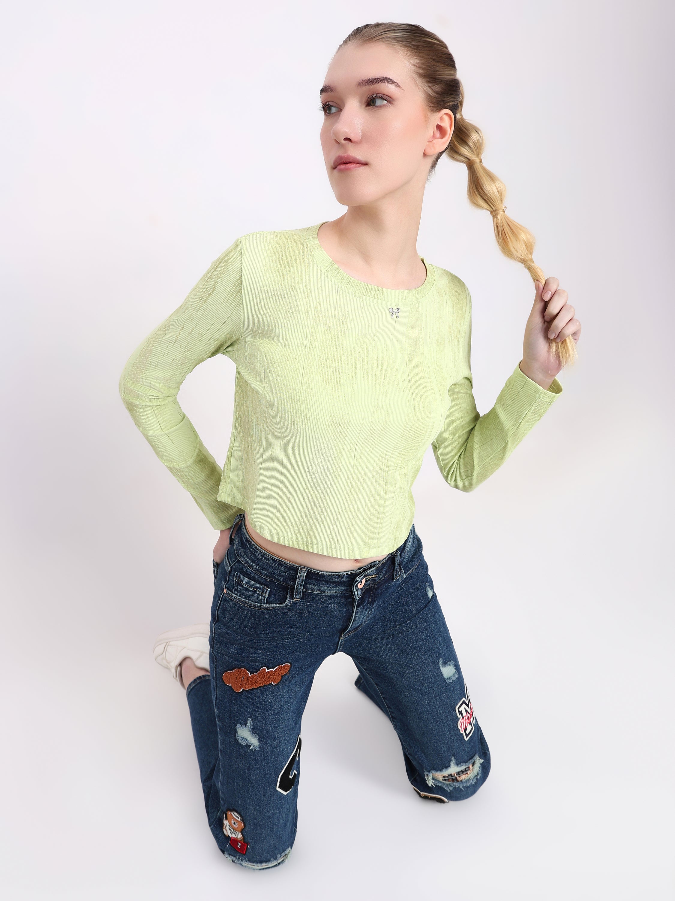 Textured Long Sleeve Crop Top