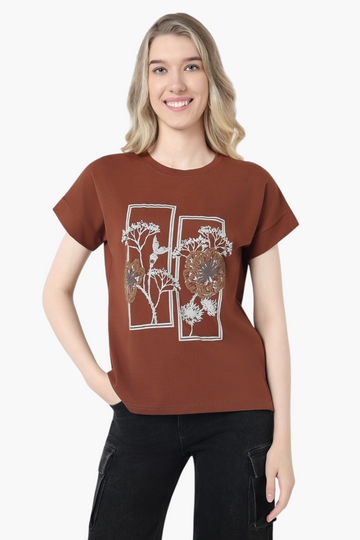 Rust Brown Botanical Embroidered Graphic T-Shirt