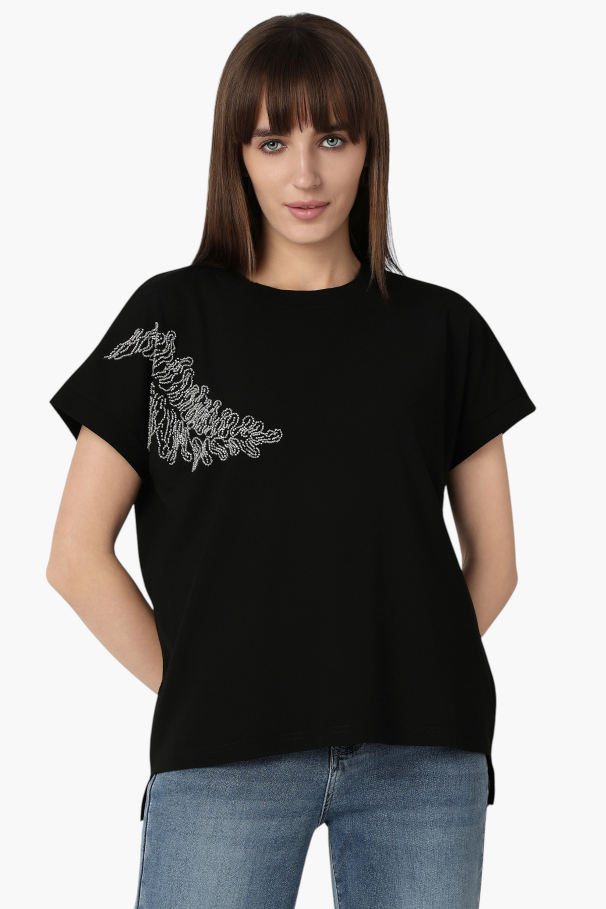 Black Oversized T-Shirt with Embellished Shoulder Motif