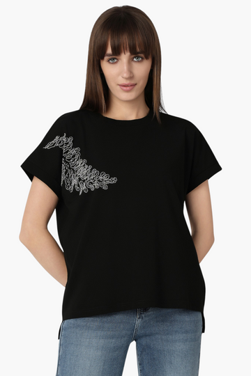Black Oversized T-Shirt with Embellished Shoulder Motif