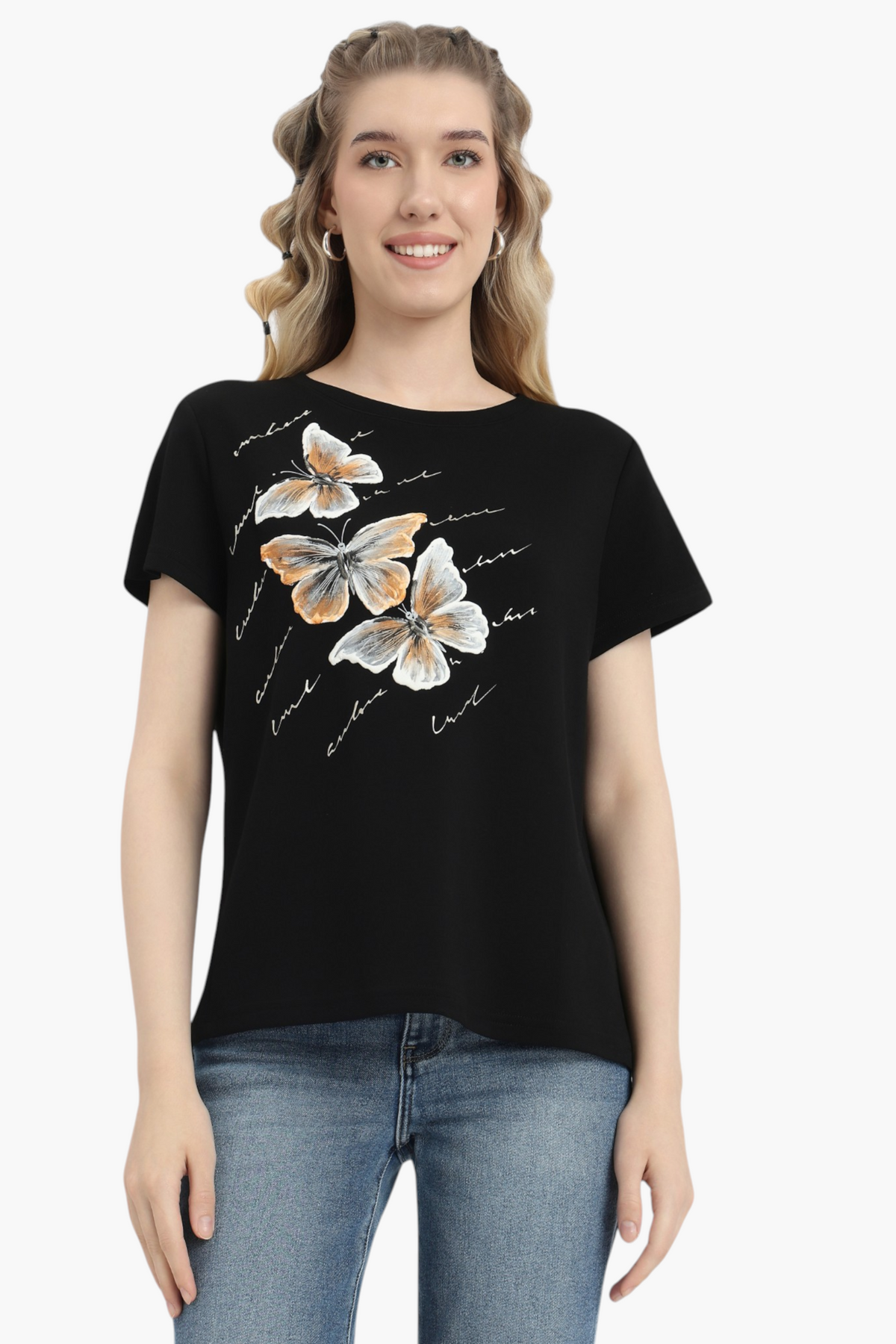 Butterfly Print T-Shirt with Script Text
