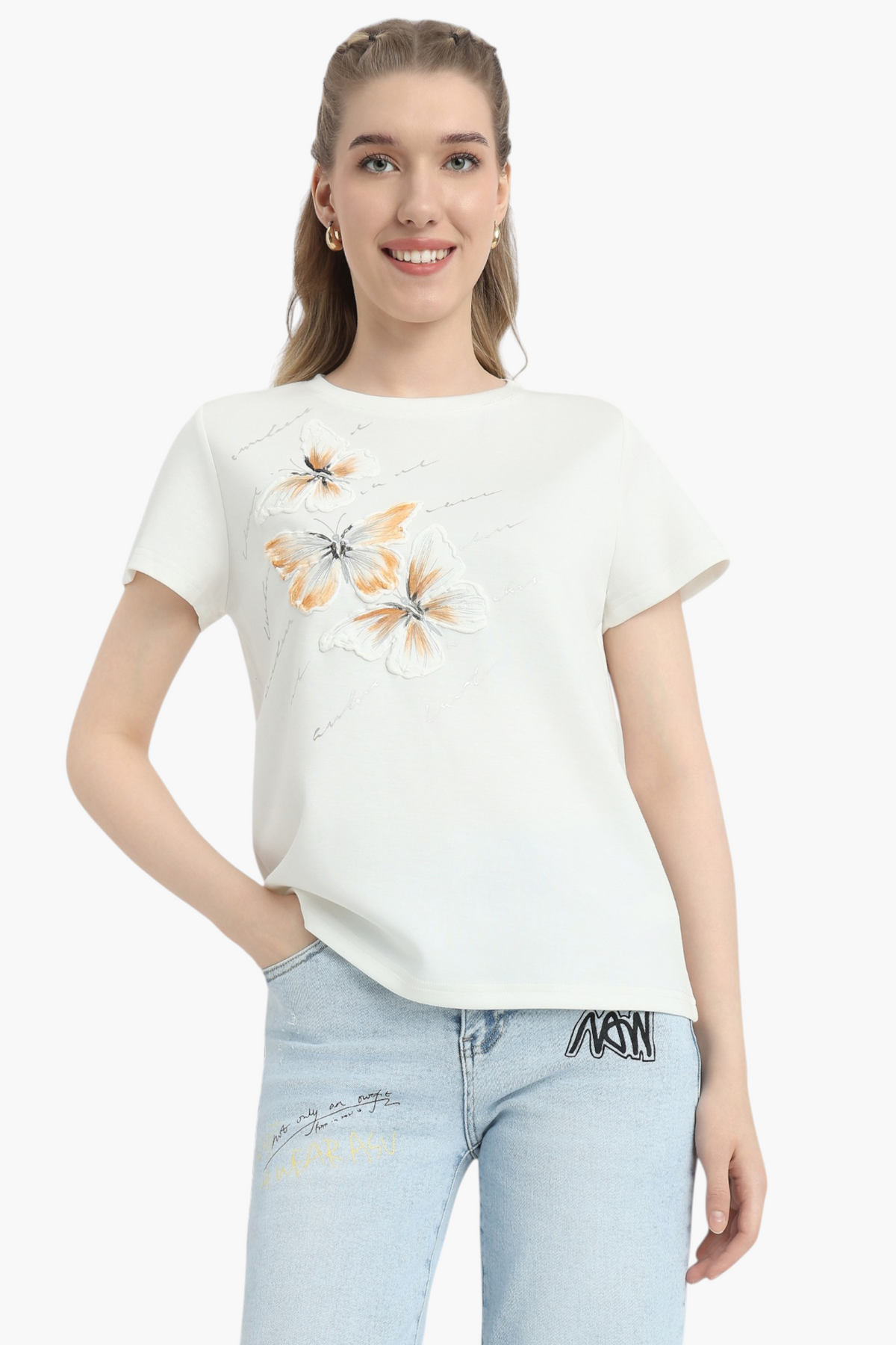 Butterfly Print T-Shirt with Script Text