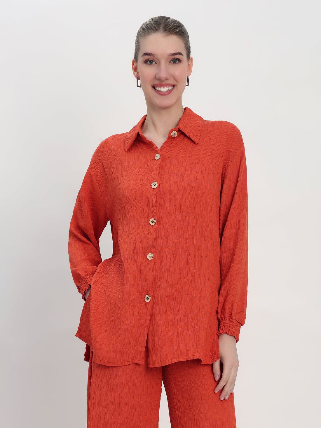 Women's Elegant Rust Orange Button-Down Shirt and Wide-Leg Pants Set
