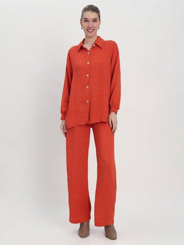 Women's Elegant Rust Orange Button-Down Shirt and Wide-Leg Pants Set