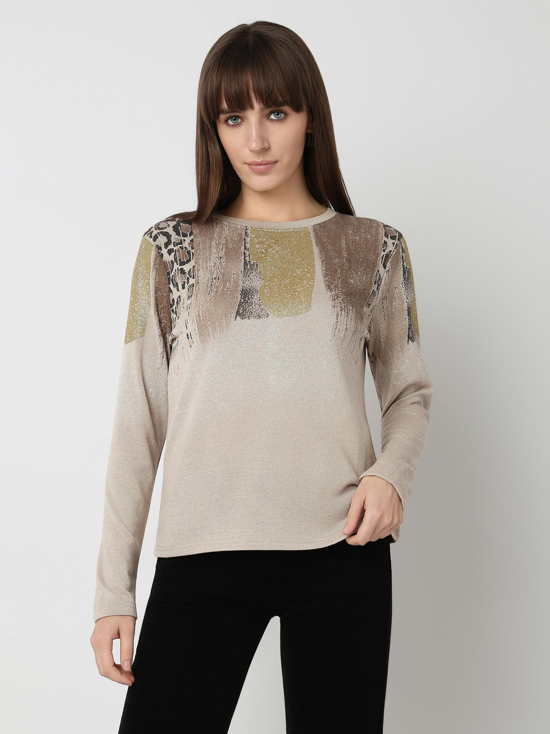 Abstract & Animal Print Long Sleeve Knit Top